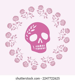 Floral skull tattoo low brow illustration. Vector gothic skeleton ink doodle with flowers in viva magenta.