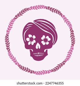 Floral skull tattoo low brow illustration. Vector gothic skeleton ink doodle with flowers in viva magenta.