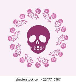 Floral skull tattoo low brow illustration. Vector gothic skeleton ink doodle with flowers in viva magenta.