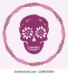 Floral skull tattoo low brow illustration. Vector gothic skeleton ink doodle with flowers in viva magenta.