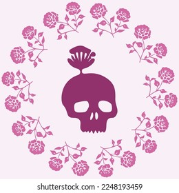 Floral skull tattoo low brow illustration. Vector gothic skeleton ink doodle with flowers in viva magenta.