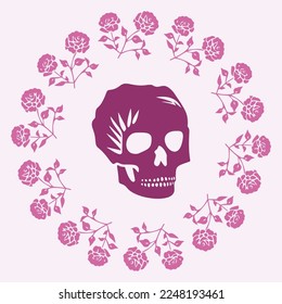 Floral skull tattoo low brow illustration. Vector gothic skeleton ink doodle with flowers in viva magenta.
