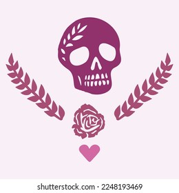 Floral skull tattoo low brow illustration. Vector gothic skeleton ink doodle with flowers in viva magenta.