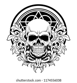 Floral Skull vector illustration black and white on white background