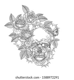 Floral skull vector illustration. Human skull and rose flowers hand drawn. Vintage engraving. Black and white style.