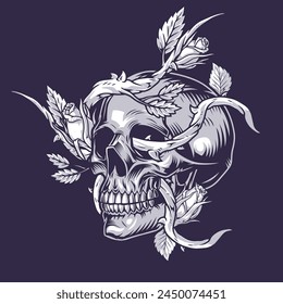 Cráneo floral vintage emblema monocromo con hermosas rosas que brotan de los huesos de la cabeza del hombre muerto para la Ilustración vectorial de diseño de Halloween