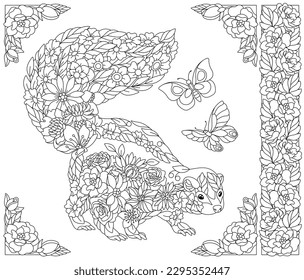 Floral skunk. Adult coloring book page with fantasy animal and flower elements