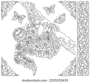 Floral sloth. Adult coloring book page with fantasy animal and flower elements