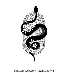 Floral snake. Black serpent in frame with flowers. Mystic animal tattoo or print, witch mystical graphic element. Spiritual vector illustration. Halloween snake. Line art florals.