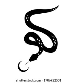 Floral Snake Silhouette with moon or sun. Moon Phase. Moonchild. Halloween and gothic aesthetic. Black silhouette vector. Desert Animal. Boho modern design for logo and branding.