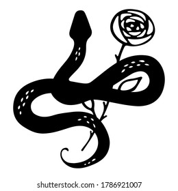 Floral Snake Silhouette with Rose. Halloween and gothic aesthetic. Floral doodle design. Botanical elements. Rustic decorative plants. Black silhouette snake cartoon vector.