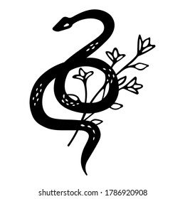 Floral Snake Silhouette with  Wildflower. Halloween and gothic aesthetic. Floral doodle design. Botanical elements. Rustic decorative plants. Black silhouette snake cartoon vector.