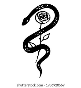 Floral Snake Snake wrapped around rose. Halloween and gothic aesthetic. Floral doodle design. Botanical elements. Rustic decorative plants. Black silhouette snake cartoon vector.