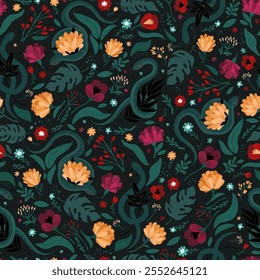 Floral and snake-themed seamless pattern with colorful flowers and foliage on a dark background, nature-inspired design concept