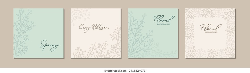 Floral social media post template set. Sakura blossom background in pastel colors. Flower elegant modern design. Greeting card, wedding invitation, corporate certificate, beauty spa salon design