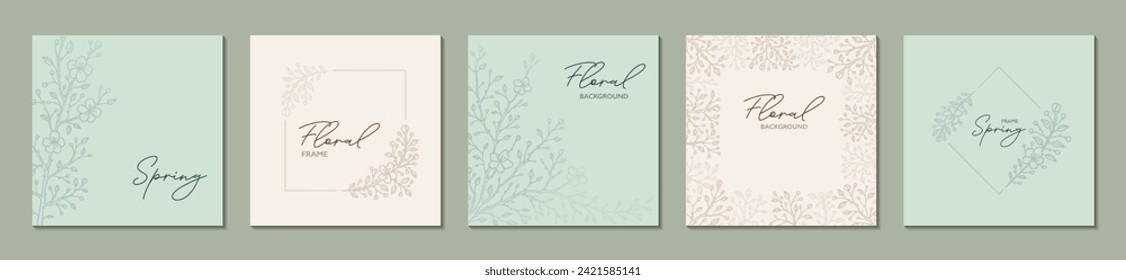 Juego de plantillas de publicaciones en medios sociales florales. Sakura flor fondo en tonos pastel. Decoración moderna y elegante con flores. Tarjeta de saludo, invitación a la boda, certificado corporativo, diseño del salón de belleza