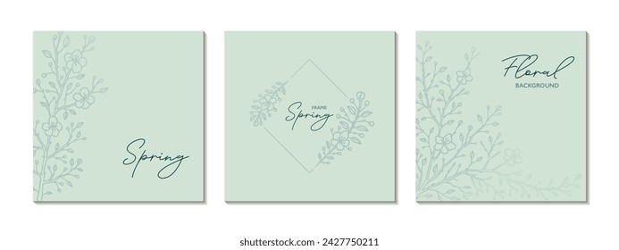 Conjunto de plantillas de publicación de medios sociales florales. Sakura florece fondo verde dorado. Flor elegante diseño moderno. Tarjeta de felicitación, invitación de boda, certificado corporativo, diseño del salón de belleza