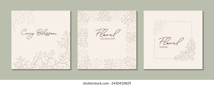 Conjunto de plantillas de publicación de medios sociales florales. Fondo dorado de flores de Sakura en colores pastel. Flor elegante diseño moderno. Tarjeta de felicitación, invitación de boda, certificado corporativo, salón de belleza y spa