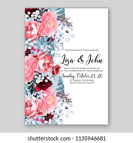 Floral soft pink peony wedding invitation or greeting card vector printable template Wreath of flower bridal shower bouquet baby shower invite tropical palm leaves watercolor aloha luau
