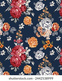 Floral solid blooming vector rose flower motif arrangement, full all-over textile design with red and yellow tone color illustration digital image printing factory