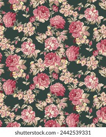 Blumensolide blühende Vektor Rose Blumenmotiv Anordnung, volles All-over Textildesign mit rosa und grünen Farbdarstellung digitale Bilddruckfabrik