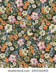 Vector floral sólido que florece pequeño arreglo del motivo de la flor de la manzanilla, diseño textil completo con verde, naranja y rosa ilustración de color de la imagen digital fábrica de impresión