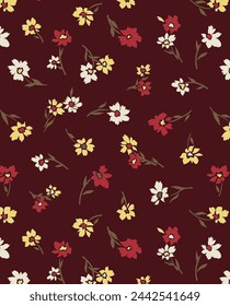 Floral solid blooming vector small chamomile flower motif arrangement, all-over textile design with red and yellow tone color illustration digital image printing factory