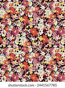 Floral solid monochrome vector bright small flower motif arrangement, full all-over textile design with yellow and orange tone color illustration digital image printing factory