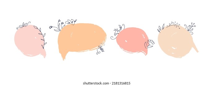 Floral Speech Bubbles With Flowers And Leaves. Romantic Text Bubbles In Doodle Sketch Style. Vector Illustration For Greeting Card, Quote Text Box Template, Social Media