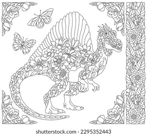 Floral spinosaurus dinosaur. Adult coloring book page with fantasy animal and flower elements