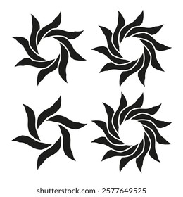 Floral spiral icon. Decorative petal shape. Rotating flower symbol. Black vector pattern.