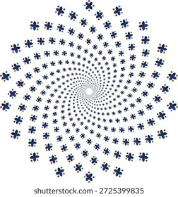 Padrão espiral floral com um vórtice sem costura de motivos de trevo azul marinho e detalhes de estrelas multicoloridas dispostos em uma simetria de mandala radial em um fundo branco ideal para marcas criativas modernas impressões têxteis e papéis de parede de arte decorativa