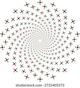 Padrão espiral floral com um vórtice sem costura de motivos circulares vermelho rubi e acentos de estrela verde dispostos em uma simetria de mandala radial em um fundo branco para embalagem cosmética orgânica, cartões de saudação festiva e decoração interior botânica