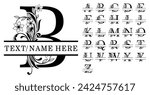 Floral Split Alphabet Monogram Letters A-Z, Flower Split Letter, Family Name Sign Split Font Graphic Vector Design, Wedding Monograms Fonts