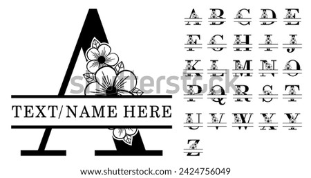 Floral Split Alphabet Monogram Letters A-Z, Flower Split Letter, Family Name Sign Split Font Graphic Vector Design, Wedding Monograms Fonts