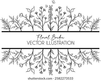 Floral split frame border with leaves for wedding, Decorative element for wedding invitations, cards, and logos.