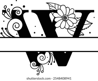 Floral Split Letter W, Black and White Typography Monogram, Botanical Alphabet Logo Design