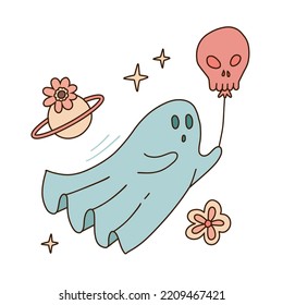 Floral Spooky Ghost In White Sheet Holding Skull Balloon Isolated On White. Classic Halloween Icon Groovy Boho Print For Postcard Or Tee Shirt Design. Linear Hand Drawn Vector Illustration.