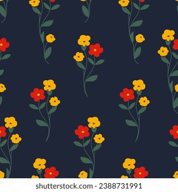 Floral spot seamless pattern vector. Elegant simple hand drawn flowers on dark background for fashionable prints, fabric, wrapping paper, wallpaper, table cloth, textile, apparel, cover