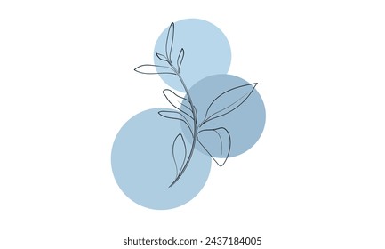 Floral sprig line art on blue circles on white background. Spring wedding set. Vector minimal illustration