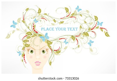Floral spring background with butterflies and a girl