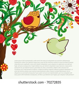Blumenfrühlingshintergrund. Viele Vogelarten und der blühende Baum.