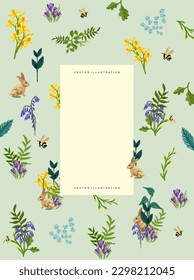Floral Spring background layout with bluebells, daffodils and wild plants. Vector decorative layout composition