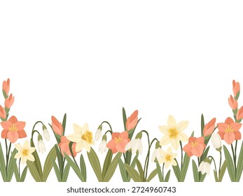 Fondo floral de la primavera con las flores rosadas, los narcisos y las gotas de nieve, borde botánico del Vector en estilo plano dibujado a mano para el diseño de la tarjeta de felicitación.