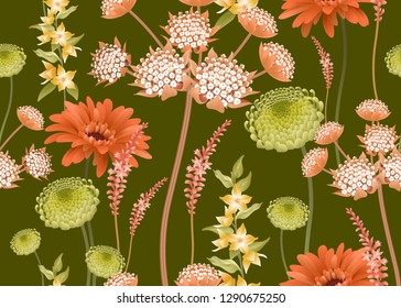 Floral spring background. Seamless pattern with spring flowers. Vector illustration. For wallpaper, paper, textiles, fashion industry, interior design, print on fabrics. Plants and herbs. Vintage.
