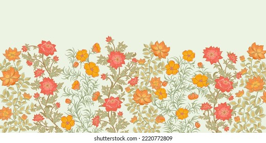Fondo de primavera floral en tonos verde suave, rosa y naranja. Flores y hierbas. Diseño de fondo de escritorio, banner, portada, borde, fondo de texto. No es perfecta.