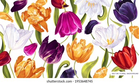 Floral spring background with vector multicolored tulips. Realistic hand-drawn plants  wallpaper for computer desktop, tablet, phone, posters, advertising banners, social media stubs, cosmetic product