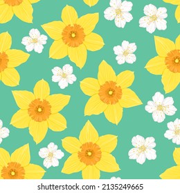 Floral spring background. Yellow daffodils and white cherry flowers seamless pattern. Vector cartoon flat botanical illustration.