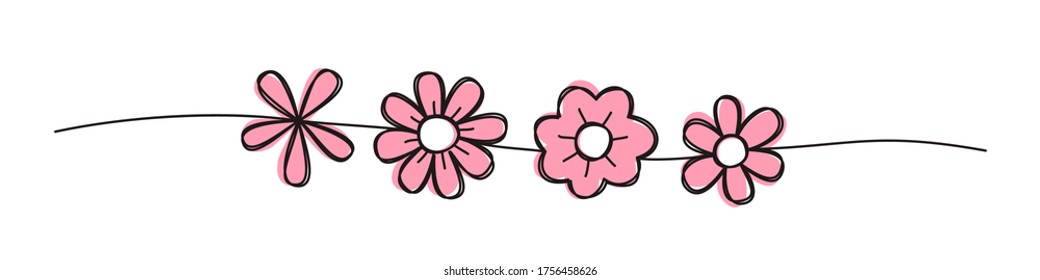 Banner de resorte floral, estilo de garrapata negro dibujado a mano con línea delgada, forma de divisor. Aislado sobre fondo blanco. Ilustración del vector