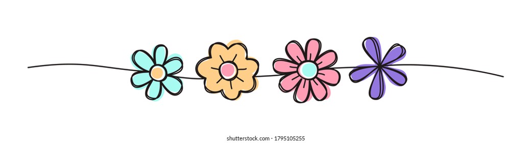 Floral spring banner, black scribble style hand drawn with thin line, divider shape. Isolated on white background. Vector illustration